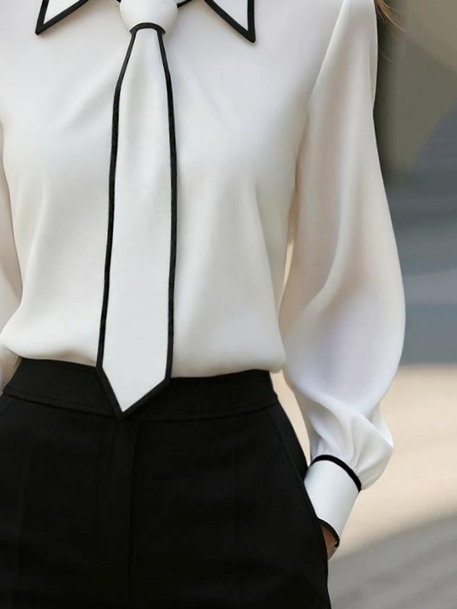 Chic Contrast Trim Tie-Neck Blouse