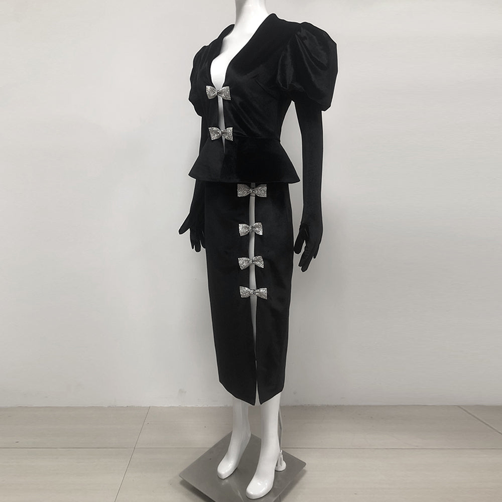 victoria cut out bow mini dress set in black