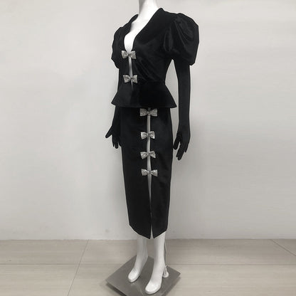 victoria cut out bow mini dress set in black