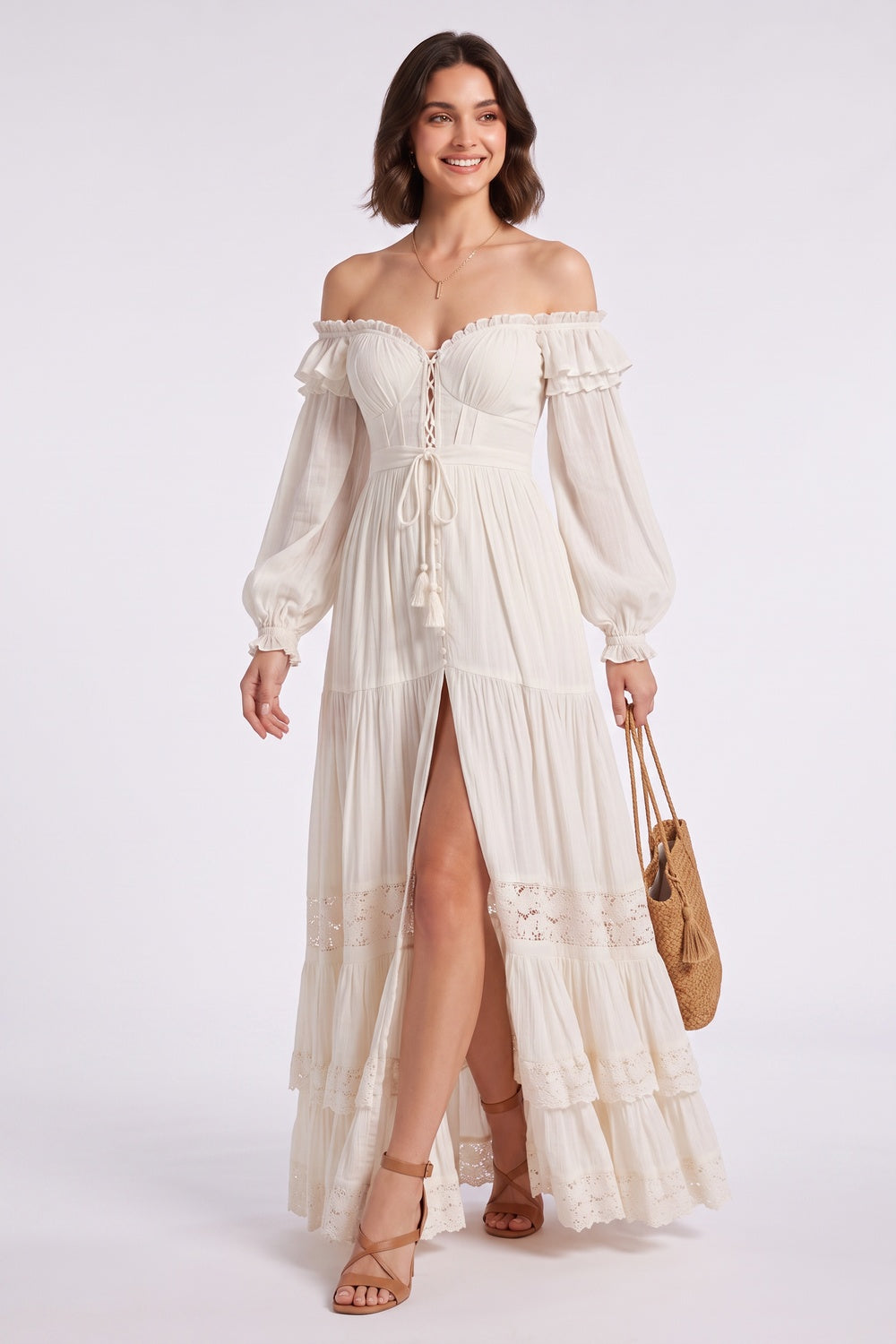 Cream Off-the-Shoulder Tiered Maxi Dress with Lace Trim Premium Fabric - product view 5