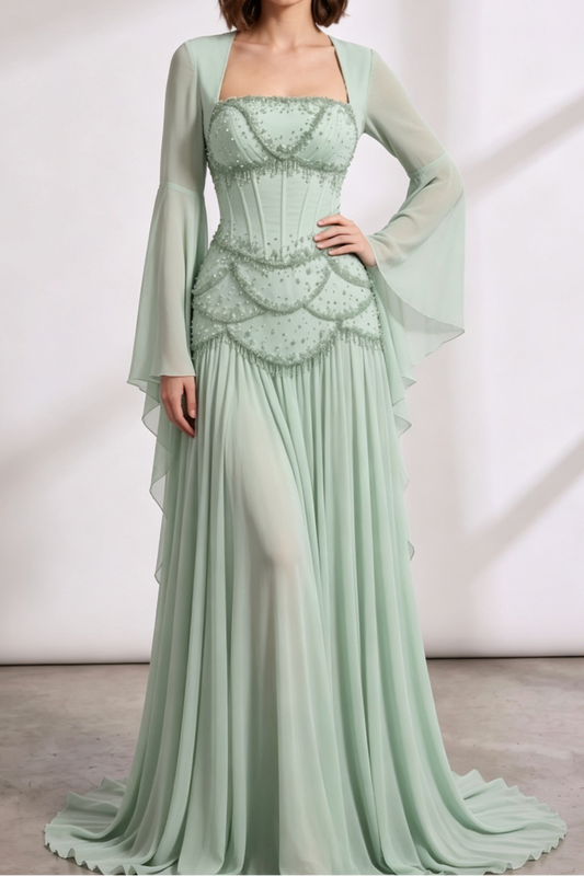 Mint green Chiffon A-line with structured corset bodice Floor-length gown with matching long-sleeve shrug