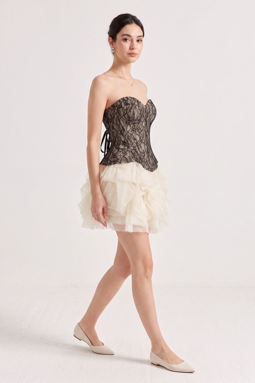 Strapless Black Lace Corset Ruffle Tulle Mini Dress