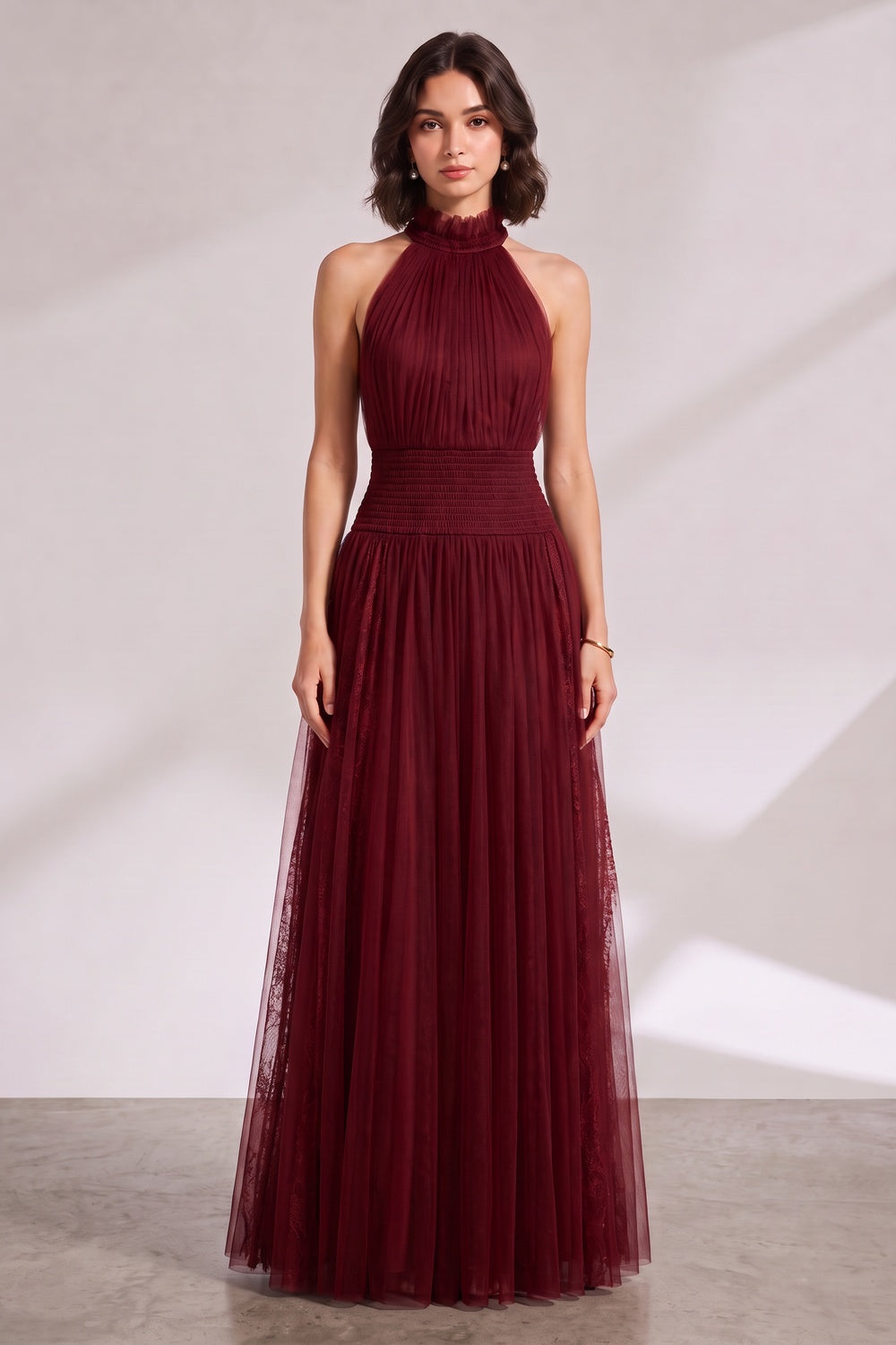 Burgundy Halter Neck Pleated Maxi Dress Premium Fabric - product view 4