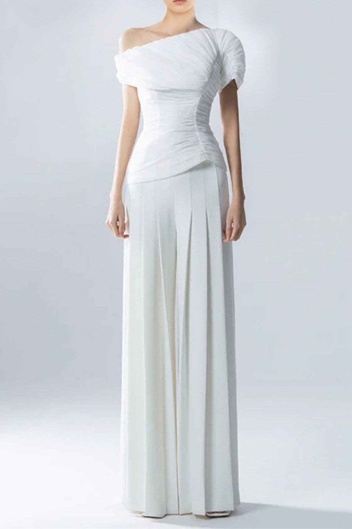 WHITE FEATHER PLEATED TWO PIECES SUIT