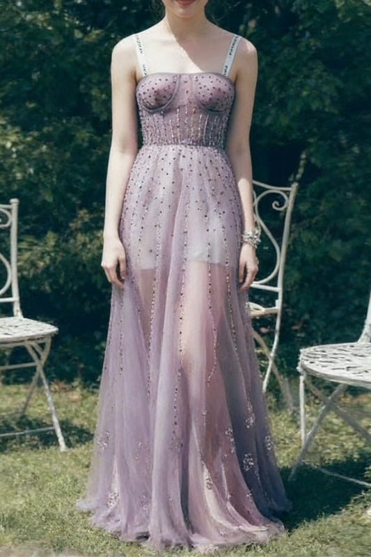 embellished tulle corset maxi dress in purple