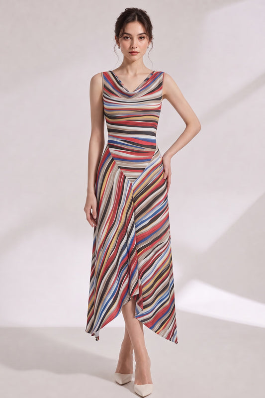 Multicolor Striped Knit Dress with Draped Cowl Neckline multicolor lightweight fine knit dress - product view 1