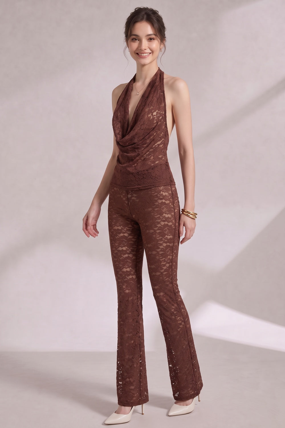 chocolate brown lace fitted halter top with cowl neck; slim-fit pants flaring from the knee two-piece set (halter top and matching pants) chocolate brown lace two-piece set (halter top and matching pants) - product view 4
