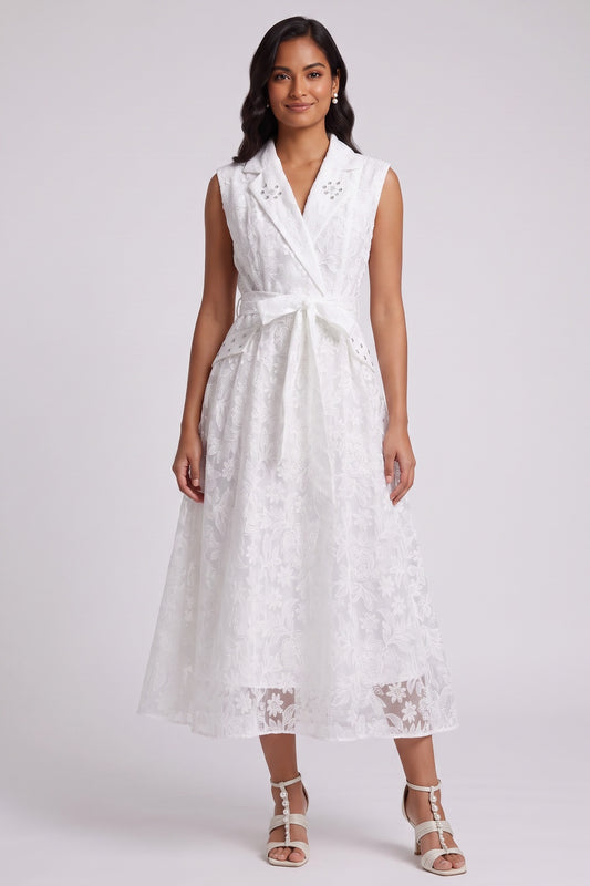 White Floral Lace A-Line Midi Dress white floral lace dress - product view 2