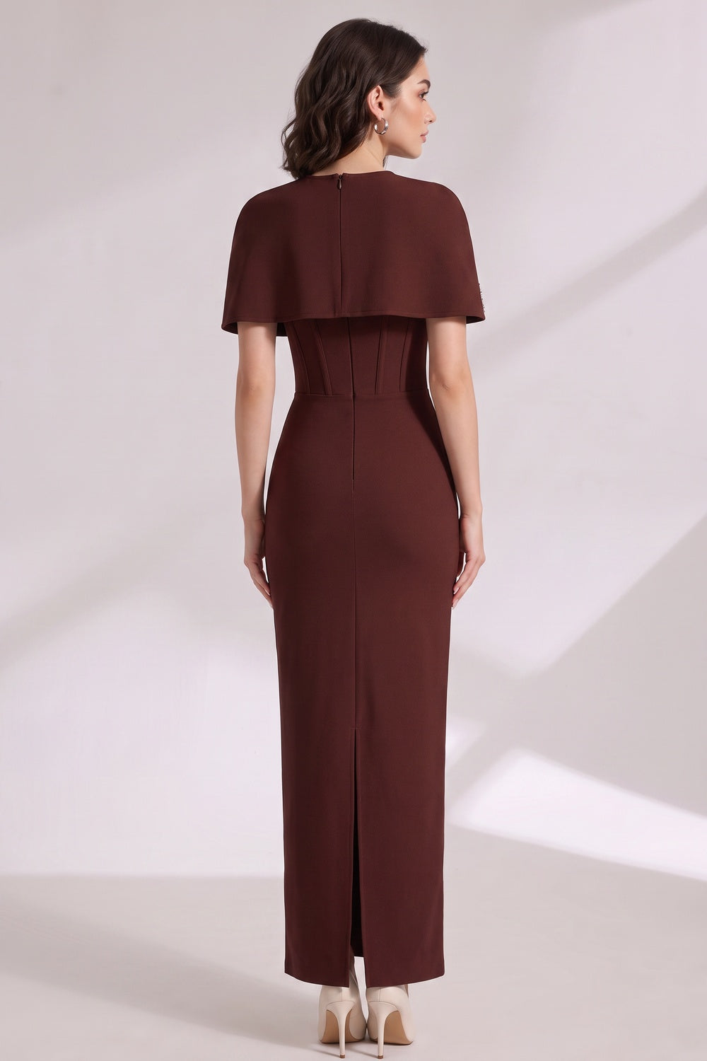Dark Brown Structured Crepe Column Dress with Capelet Overlay dark brown structured crepe dress with capelet overlay - product view 5
