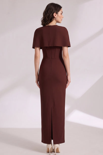 Dark Brown Structured Crepe Column Dress with Capelet Overlay dark brown structured crepe dress with capelet overlay - product view 5