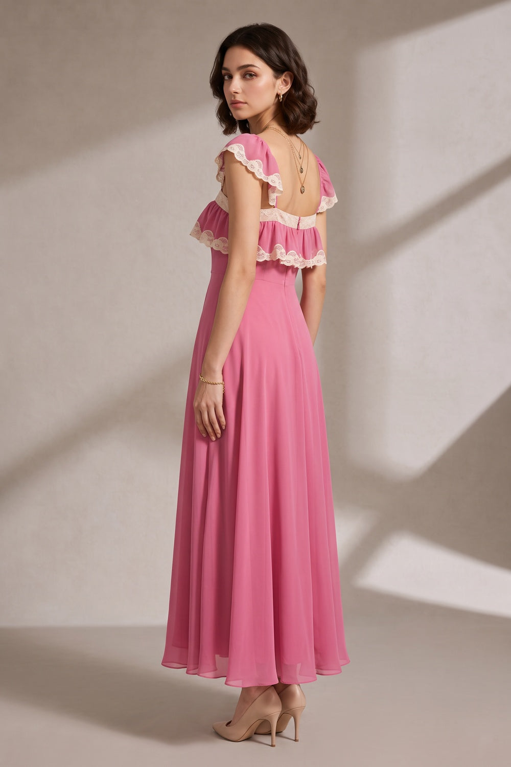 Pink Maxi Dress with Lace Trim and Ruffle Detail Premium Fabric - product view 3