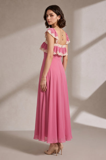 Pink Maxi Dress with Lace Trim and Ruffle Detail Premium Fabric - product view 3