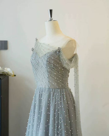 Dusty Blue one-shoulder pearl maxi evening dress