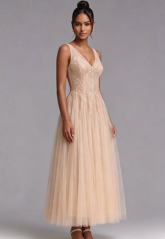 Champagne Lace V-Neck Evening Dress