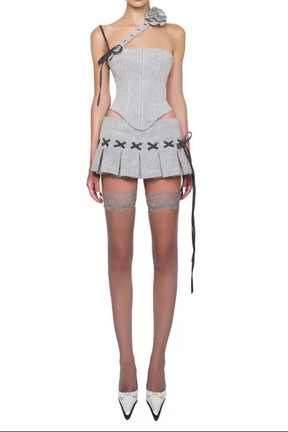 ASYMMETRICAL CROP TOP MINI PLEATED SKIRT