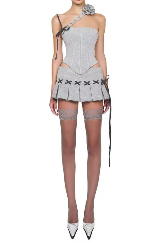 ASYMMETRICAL CROP TOP MINI PLEATED SKIRT