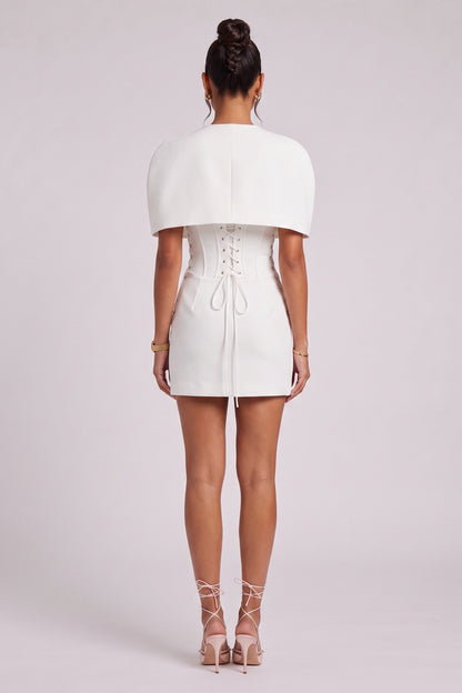 white heavy structured crepe structured hourglass with rounded cape overlay mini dress white heavy structured crepe mini dress - product view 5