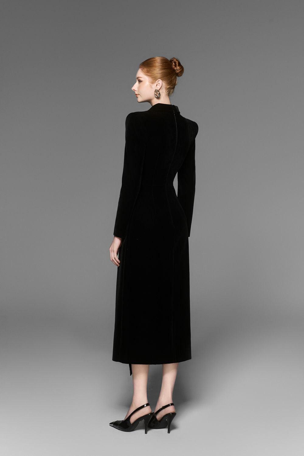 Caloria Asymmetric Notch Lapel Velvet Midi Dress