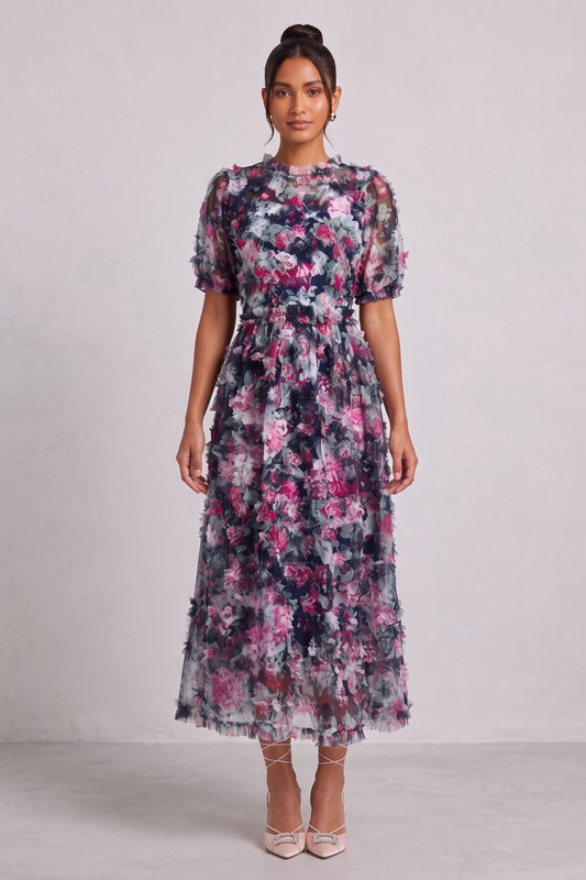 Navy Blue Floral Sheer Organza A-Line Midi Dress with 3D Ruffled Detail navy blue sheer organza or tulle dress - product view 1