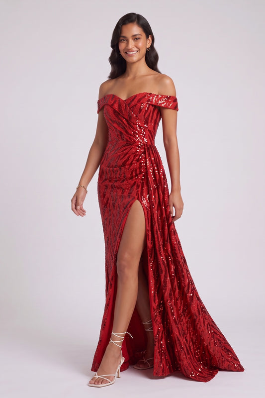 Red Sequin Off-the-Shoulder Mermaid Gown Premium Fabric - product view 3