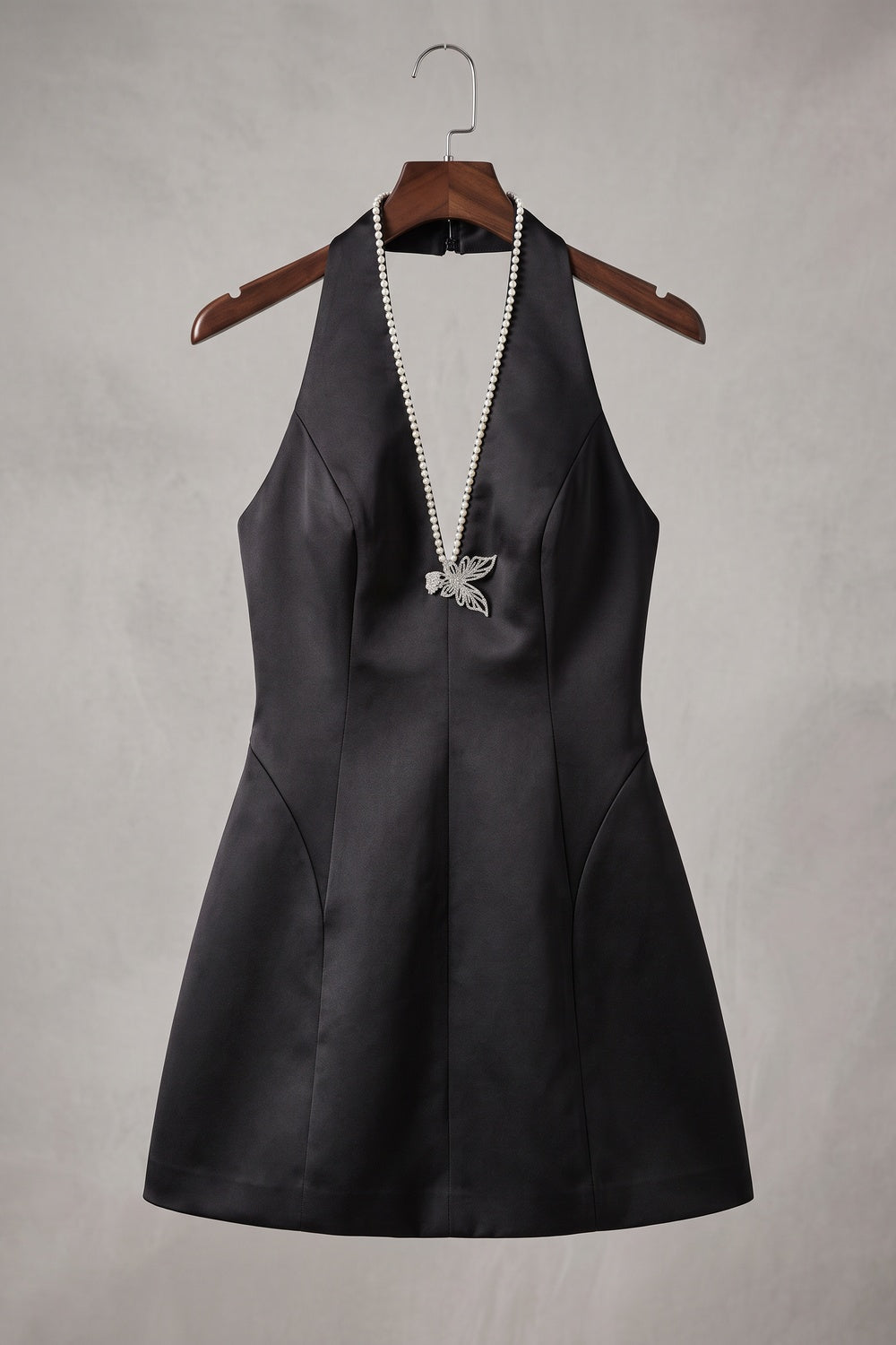 Black Satin Halter Mini Dress With Butterfly Pearl Detail