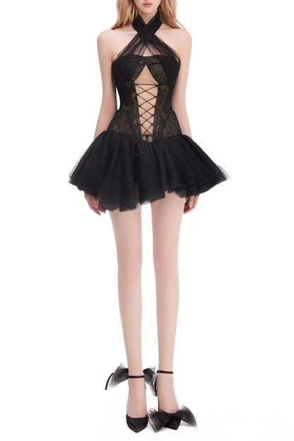 amelia Halter neck tube top with cross straps mini dress in black