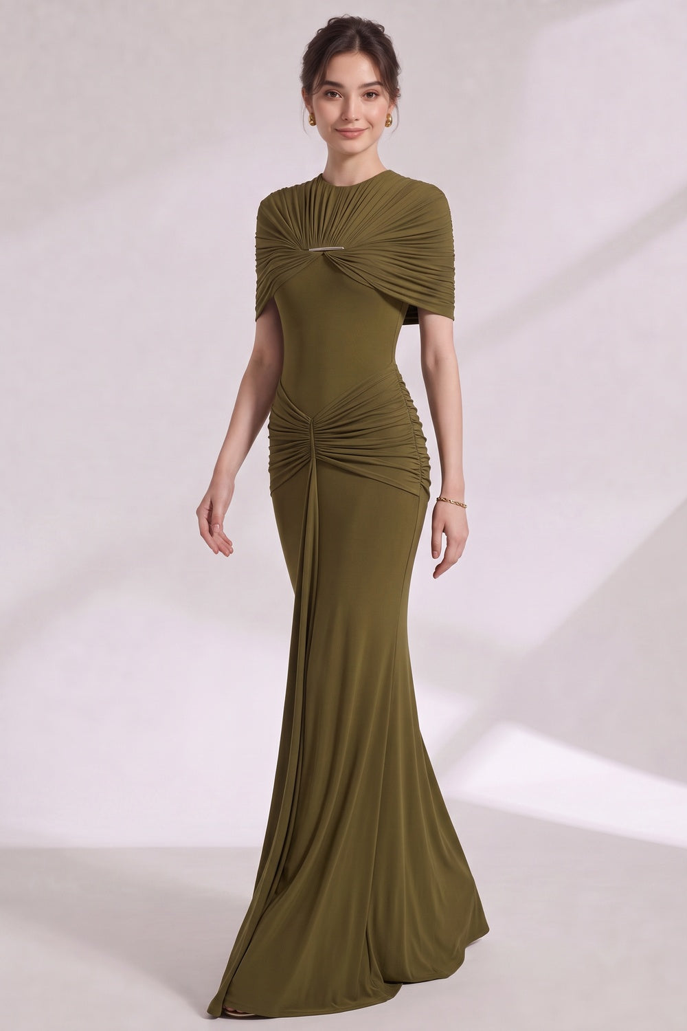 Olive Green Stretch Jersey Column Gown with Ruched Detail olive green stretch jersey gown - product view 4