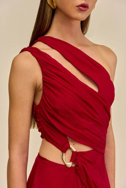agatha one shoulder draped high slit silk gown in red