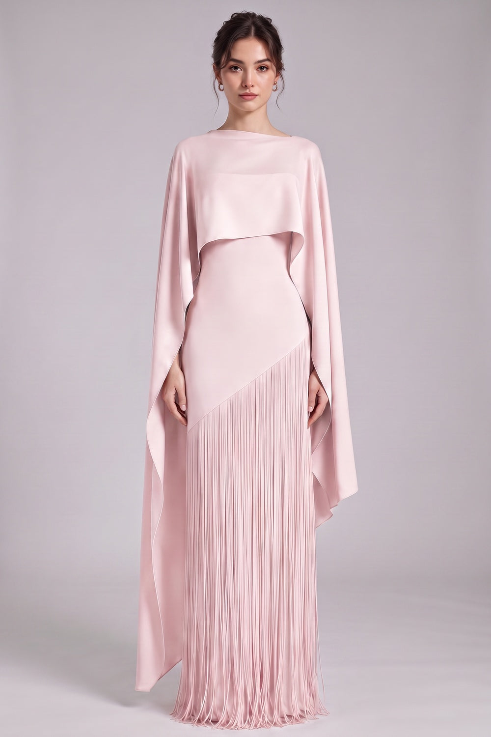 Pale Pink Heavy Matte Crepe Column with Asymmetrical Cape Overlay Evening Gown pale pink heavy matte crepe evening gown - product view 4