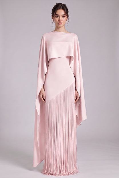 Pale Pink Heavy Matte Crepe Column with Asymmetrical Cape Overlay Evening Gown pale pink heavy matte crepe evening gown - product view 4