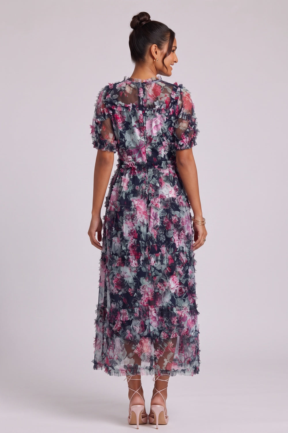 Navy Blue Floral Sheer Organza A-Line Midi Dress with 3D Ruffled Detail navy blue sheer organza or tulle dress - product view 3