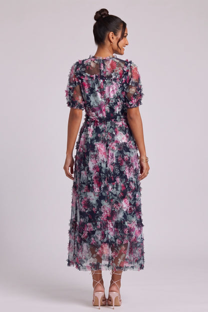 Navy Blue Floral Sheer Organza A-Line Midi Dress with 3D Ruffled Detail navy blue sheer organza or tulle dress - product view 3