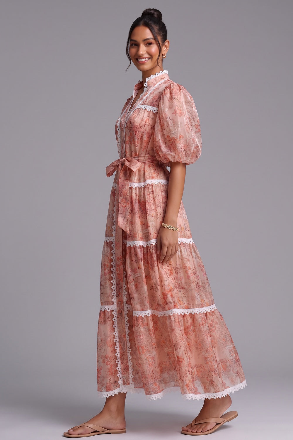 Peach Organza A-Line Tiered Maxi Dress with Botanical Floral Print peach, coral pink organza dress - product view 2