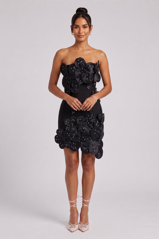 Black Structured Crepe 3D Floral Mini Dress black structured crepe dress - product view 1