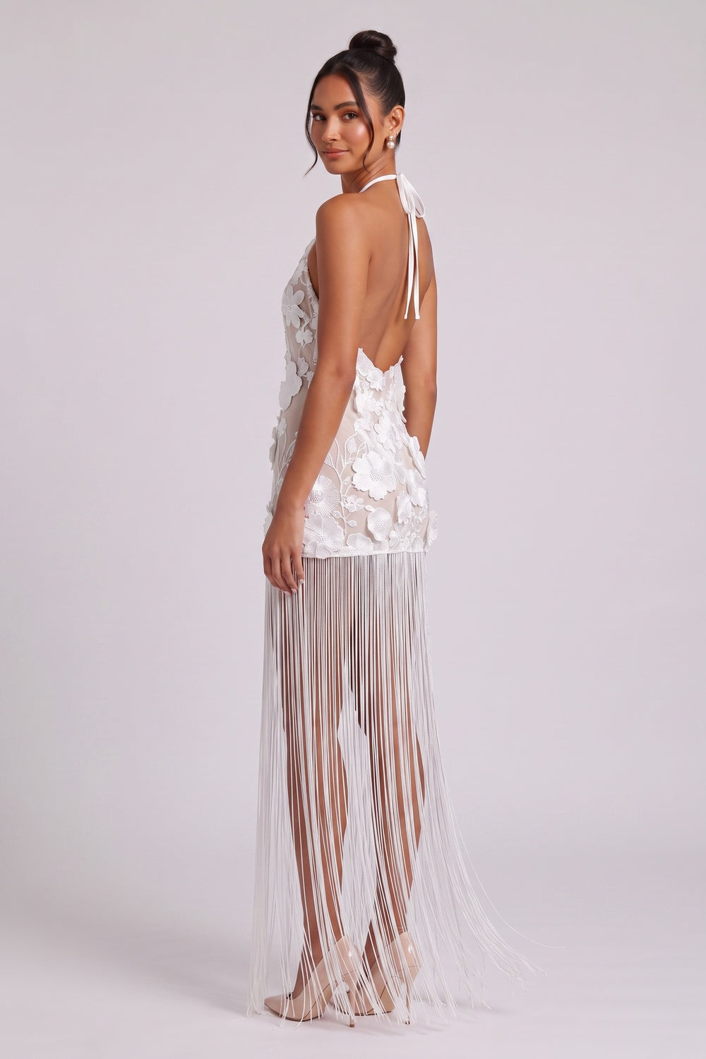 White Lace 3D Floral Appliques Bodycon Mini Dress with Floor-Length Fringe Overlay white lace with 3D floral appliques dress - product view 2