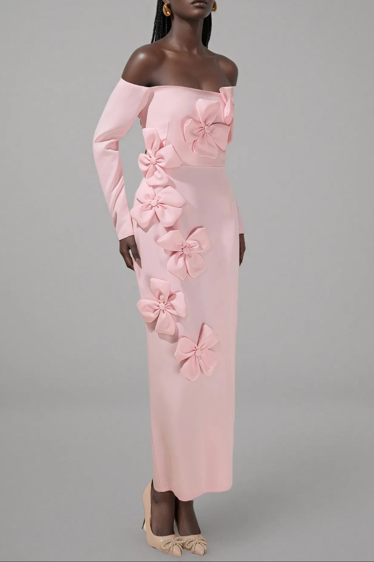 hilary Pink 3D Flower long sleeve strapless Midi Dress