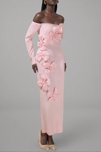 hilary Pink 3D Flower long sleeve strapless Midi Dress