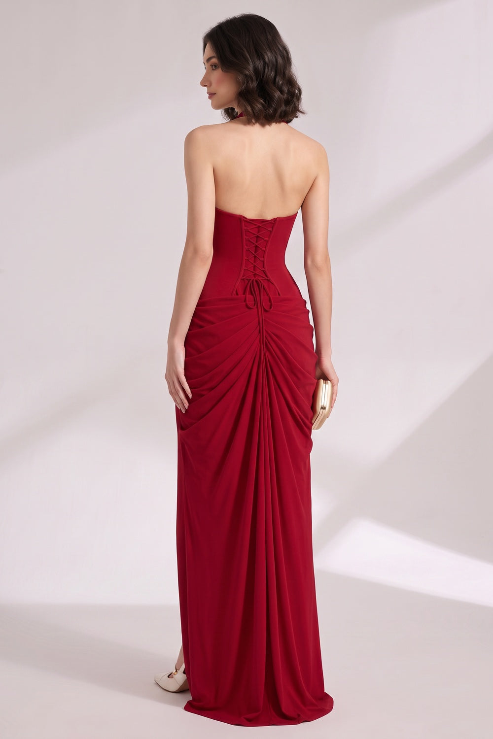 Deep Red Jersey Blend Column with Draped Overlay Gown deep red jersey blend gown - product view 5