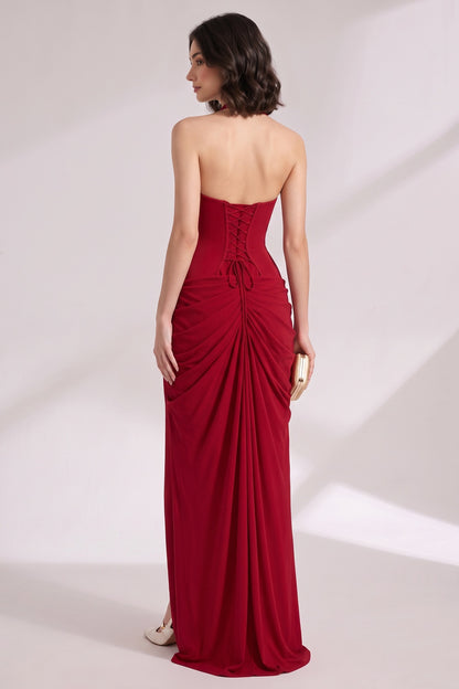 Deep Red Jersey Blend Column with Draped Overlay Gown deep red jersey blend gown - product view 5