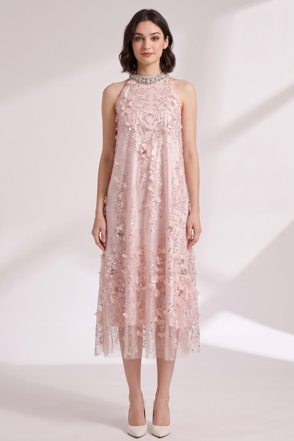 Blush Pink Tulle Mesh A-Line Shift Dress with Floral Embellishment blush pink tulle mesh dress - product view 3