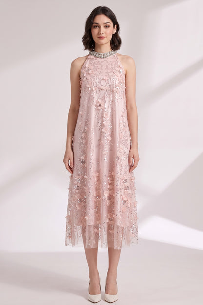 Blush Pink Tulle Mesh A-Line Shift Dress with Floral Embellishment blush pink tulle mesh dress - product view 3