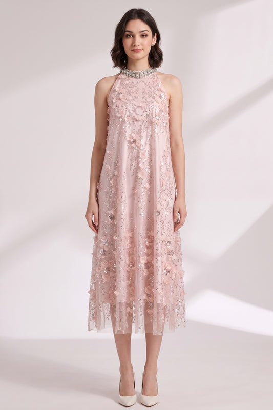 Blush Pink Tulle Mesh A-Line Shift Dress with Floral Embellishment blush pink tulle mesh dress - product view 3
