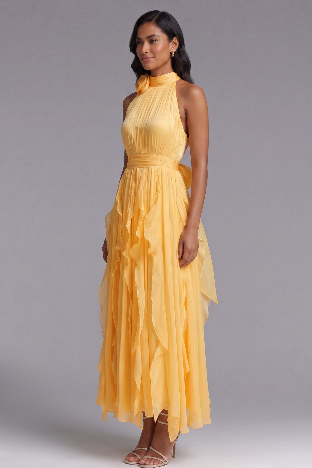 Yellow Chiffon A-Line Halter Maxi Dress yellow chiffon dress - product view 3