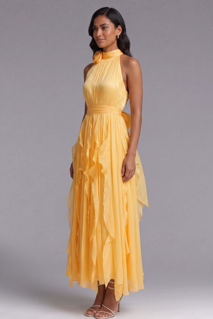 Yellow Chiffon A-Line Halter Maxi Dress yellow chiffon dress - product view 3