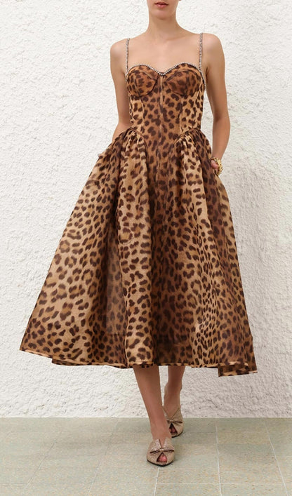 Animal Print Crystal Bustier A Line Midi Dress