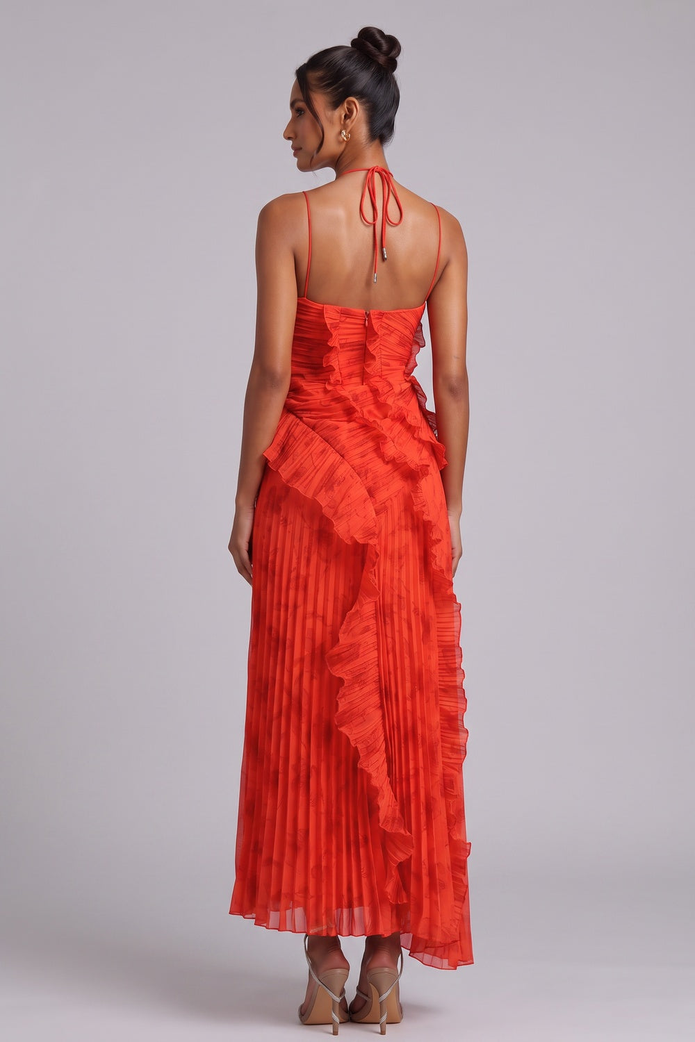 Red Chiffon A-Line Maxi Dress with Cascading Ruffles red chiffon dress - product view 5