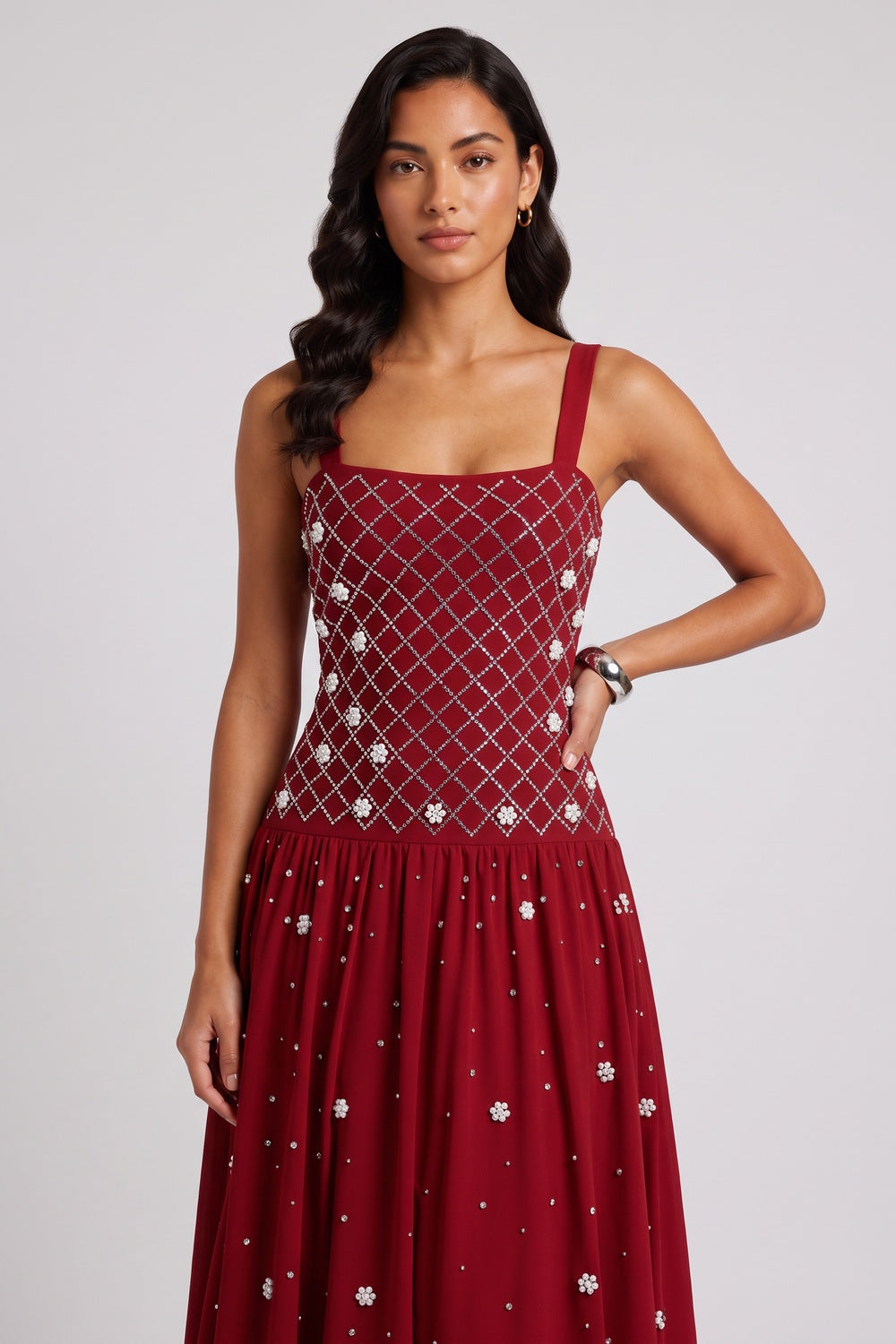 Square Strap Grid Rhinestone Pearl Flowy Maxi Dress