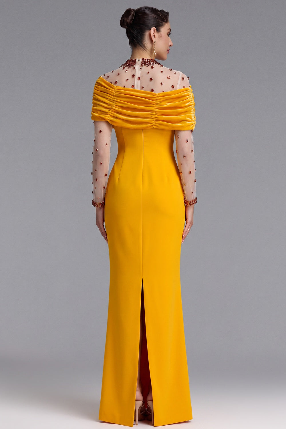 Yellow Velvet Off-Shoulder Beaded Evening Gown Premium Fabric - product view 3