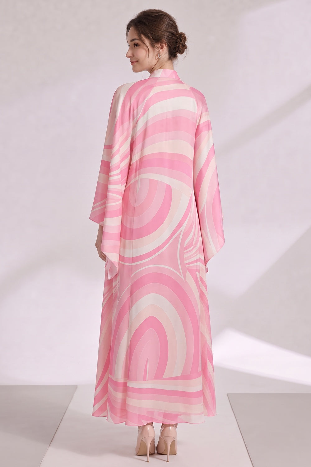 Pink Silk Satin Psychedelic Swirl Kaftan Dress pink, light pink silk satin kaftan dress - product view 5