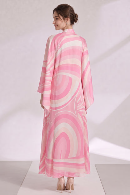Pink Silk Satin Psychedelic Swirl Kaftan Dress pink, light pink silk satin kaftan dress - product view 5
